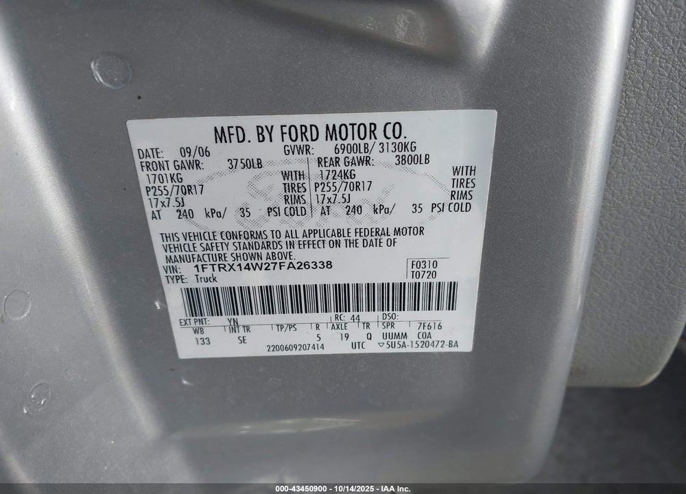 2007 FORD F-150 FX4/STX/XL/XLT VIN: 1FTRX14W27FA26338