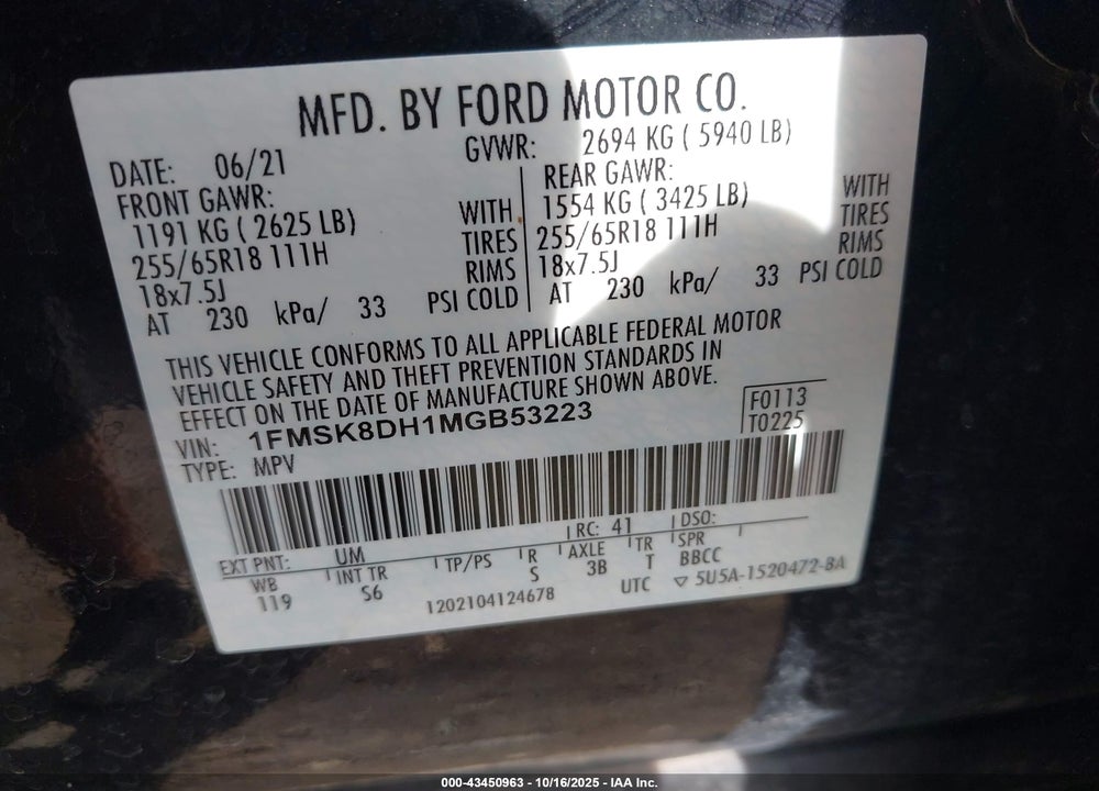 2021 FORD EXPLORER XLT VIN: 1FMSK8DH1MGB53223