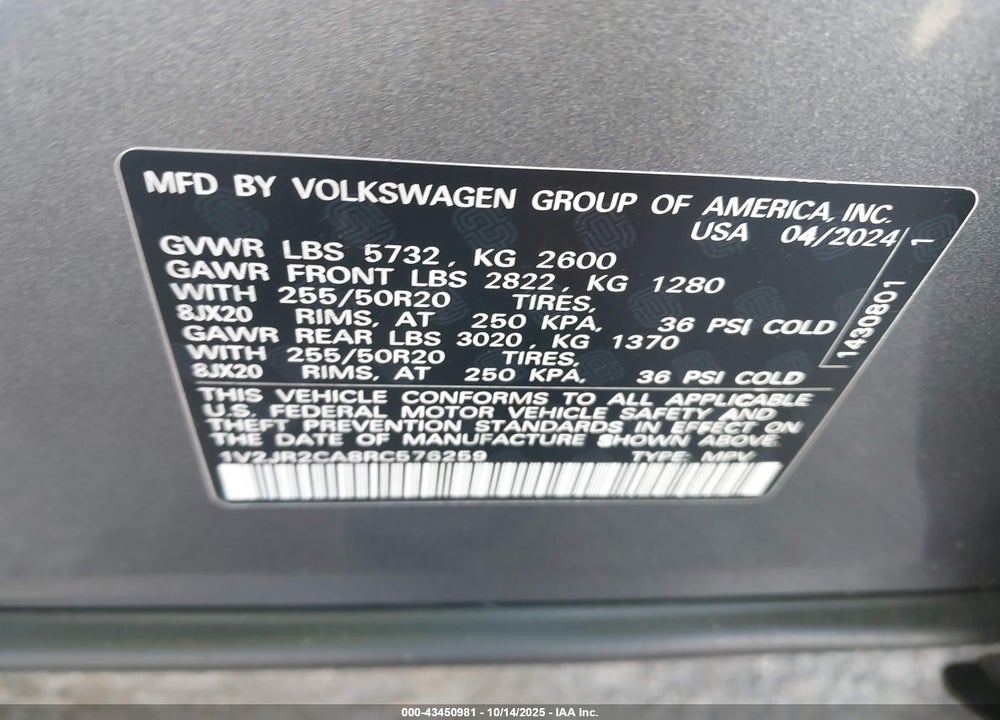2024 VOLKSWAGEN ATLAS 2.0T SE W/TECHNOLOGY VIN: 1V2JR2CA8RC576259