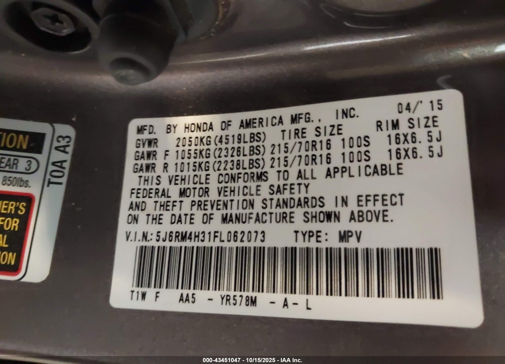 2015 HONDA CR-V LX VIN: 5J6RM4H31FL062073