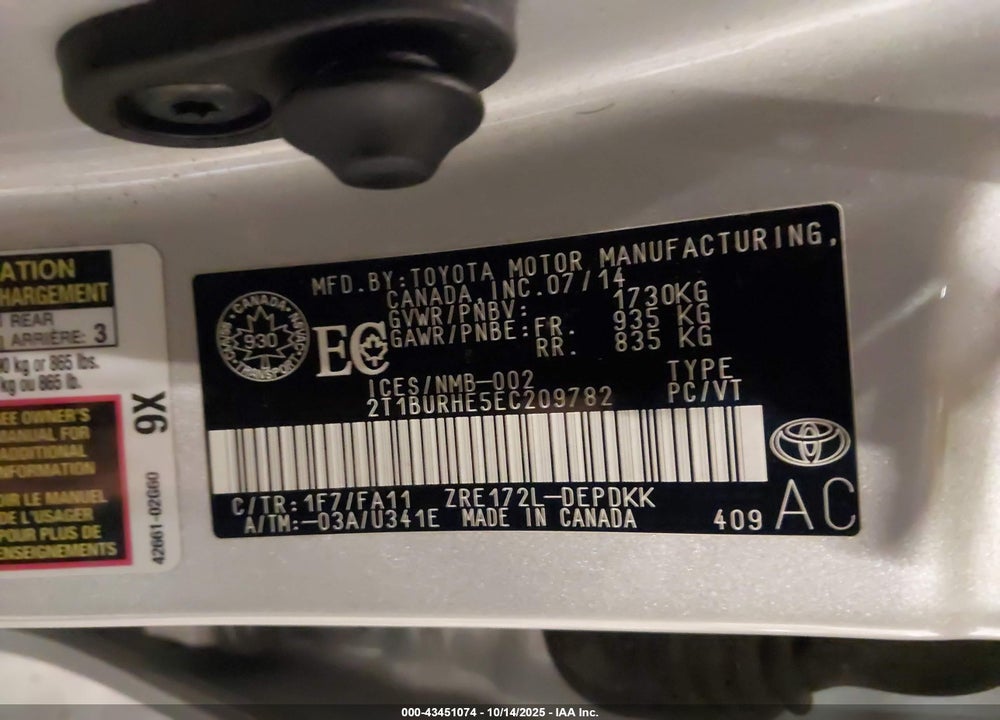 2014 TOYOTA COROLLA CE VIN: 2T1BURHE5EC209782