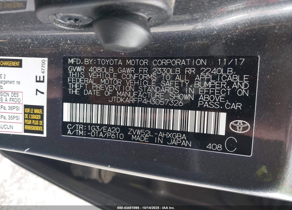2017 TOYOTA PRIUS PRIME ADVANCED VIN: JTDKARFP4H3057326