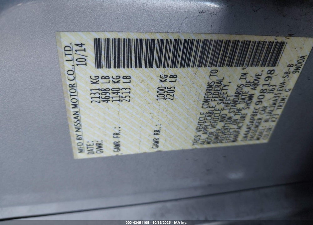 2014 NISSAN MAXIMA 3.5 SV VIN: 1N4AA5AP8EC908198