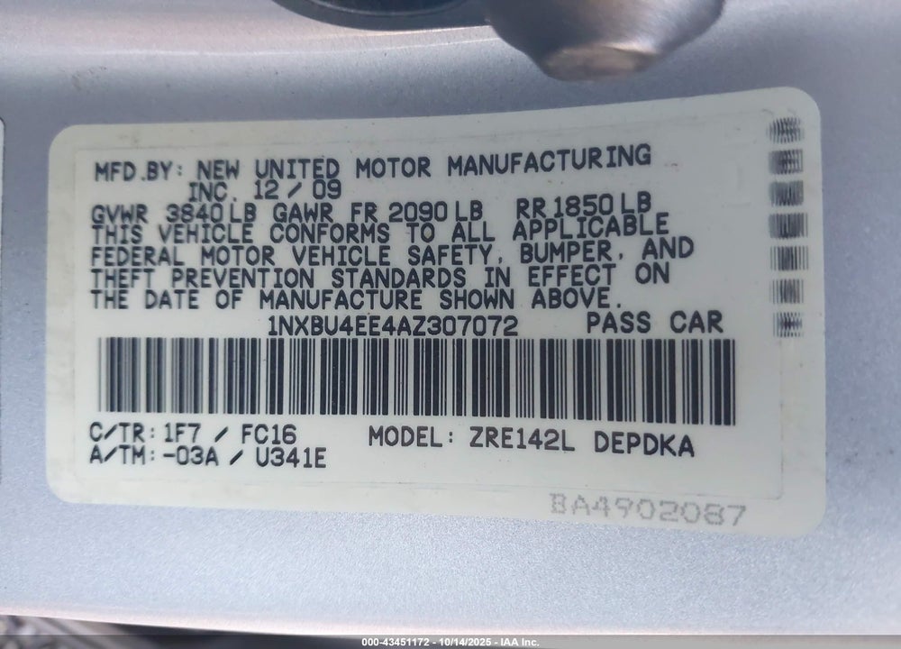 2010 TOYOTA COROLLA LE VIN: 1NXBU4EE4AZ307072