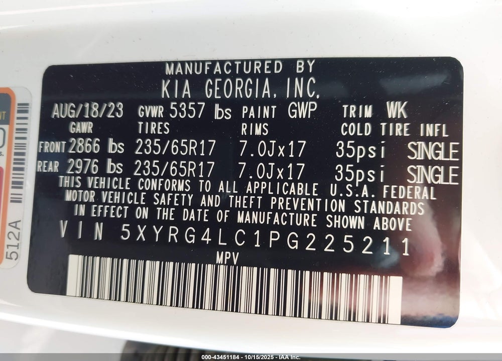 2023 KIA SORENTO LX VIN: 5XYRG4LC1PG225211