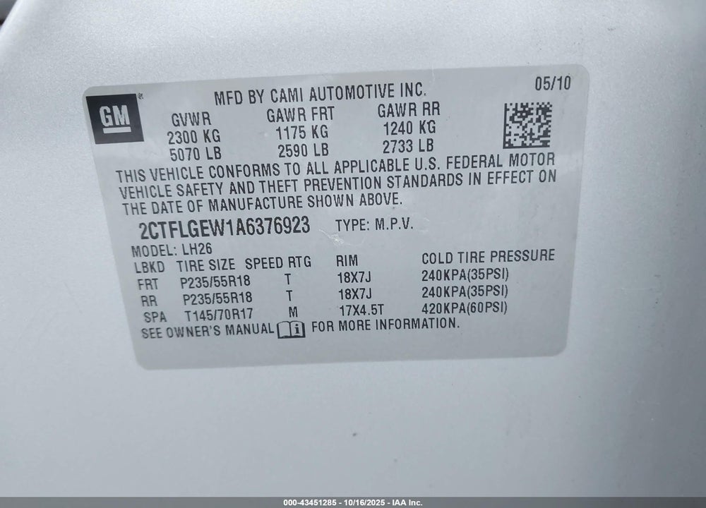 2010 GMC TERRAIN SLT-1 VIN: 2CTFLGEW1A6376923