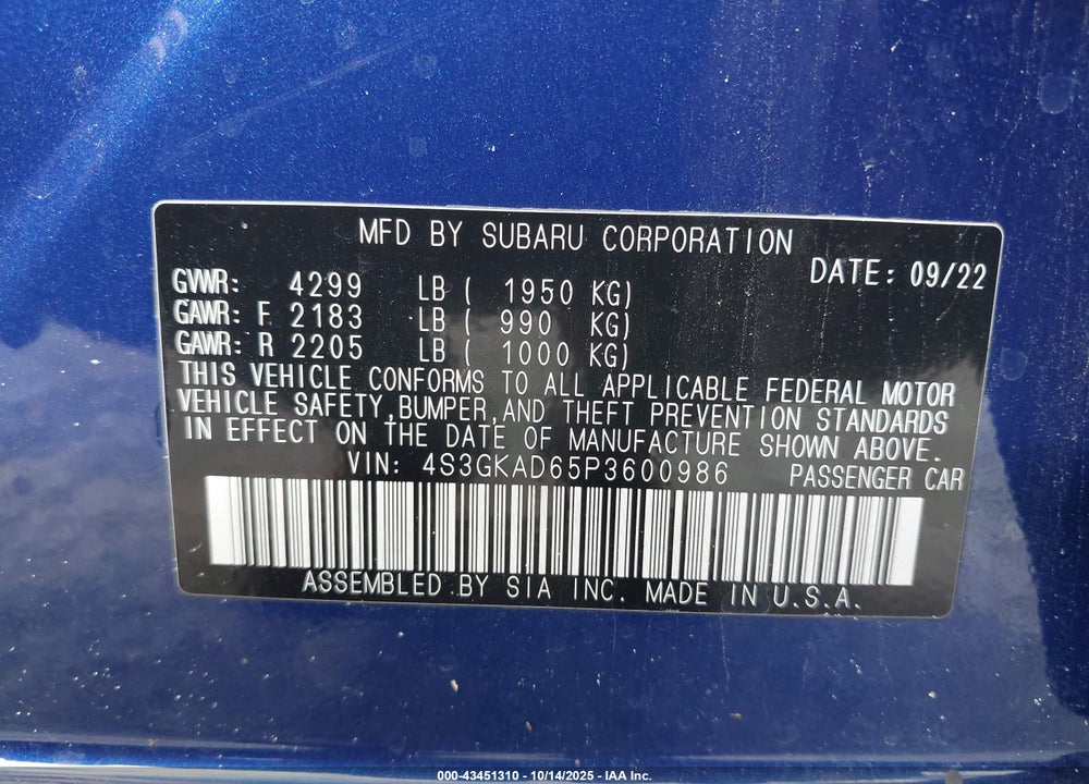 2023 SUBARU IMPREZA VIN: 4S3GKAD65P3600986