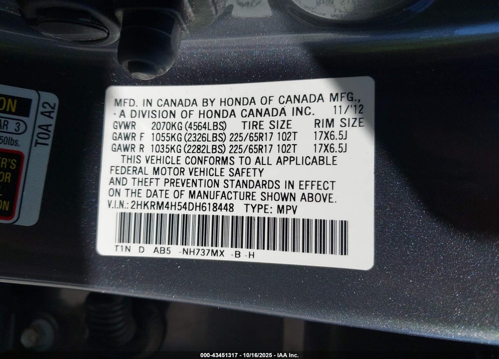 2013 HONDA CR-V EX VIN: 2HKRM4H54DH618448