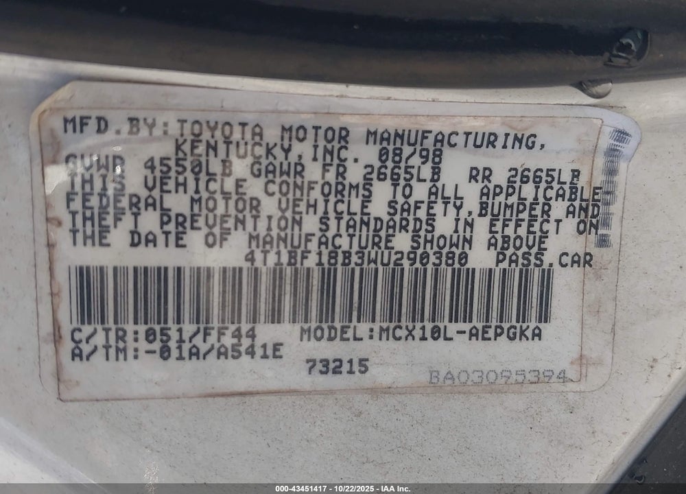 1998 TOYOTA AVALON XLS VIN: 4T1BF18B3WU290380