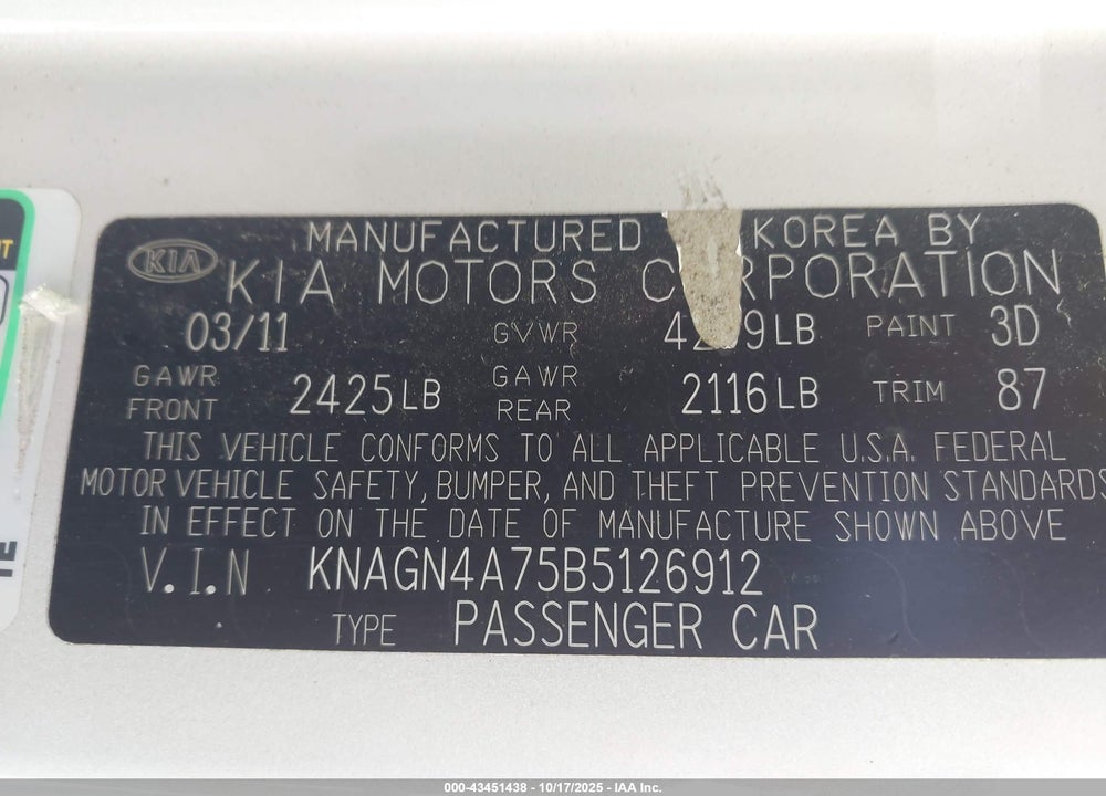 2011 KIA OPTIMA EX VIN: KNAGN4A75B5126912