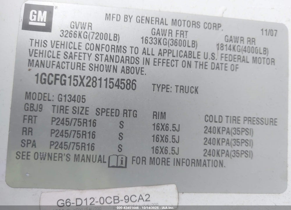2008 CHEVROLET EXPRESS VIN: 1GCFG15X281154586