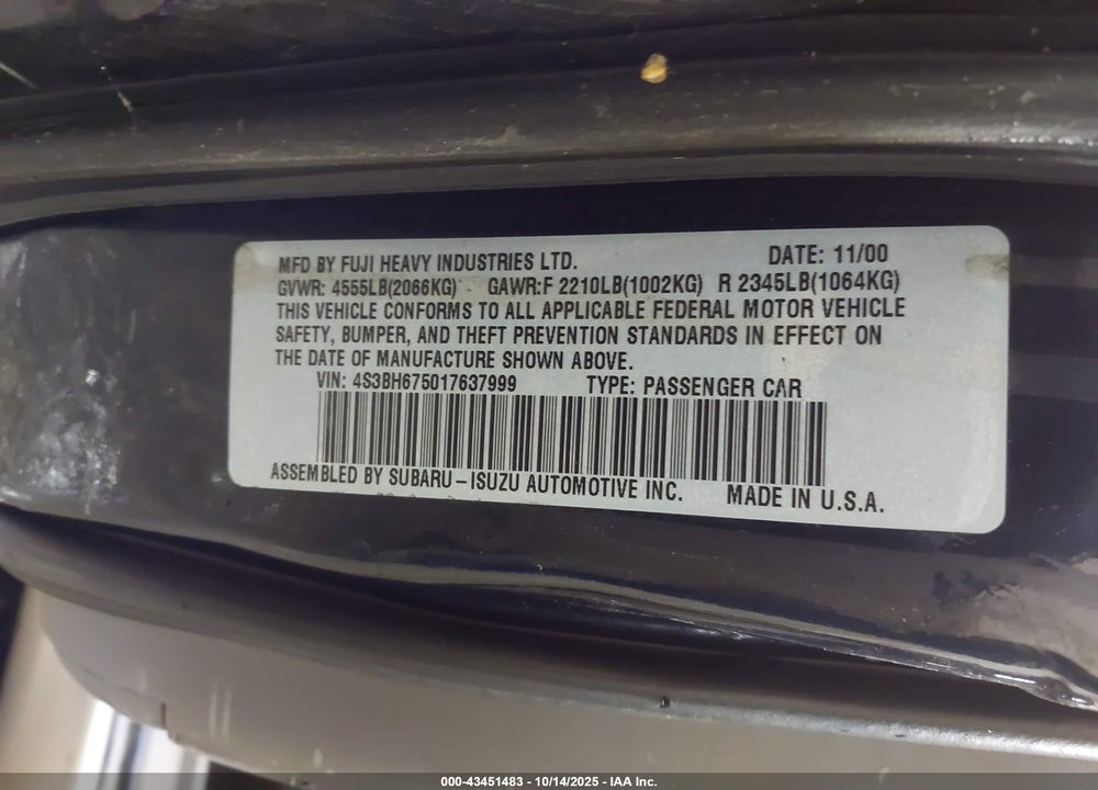 2001 SUBARU OUTBACK VIN: 4S3BH675017637999
