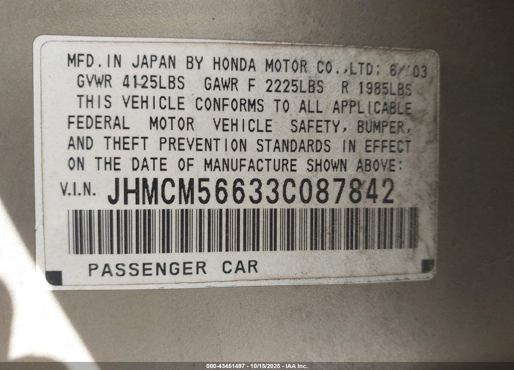 2003 HONDA ACCORD 2.4 EX VIN: JHMCM56633C087842