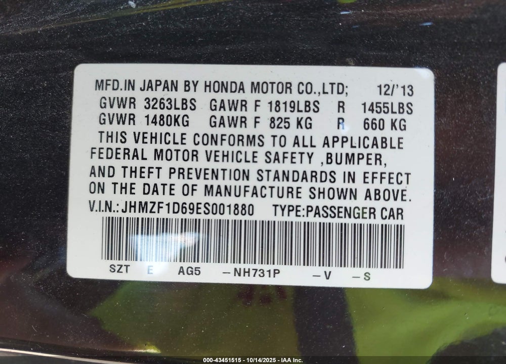 2014 HONDA CR-Z EX VIN: JHMZF1D69ES001880