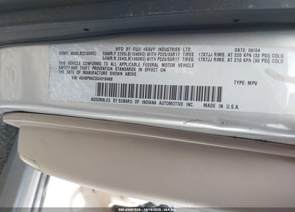 2005 SUBARU OUTBACK 3.0R L.L. BEAN EDITION VIN: 4S4BP86C554318468