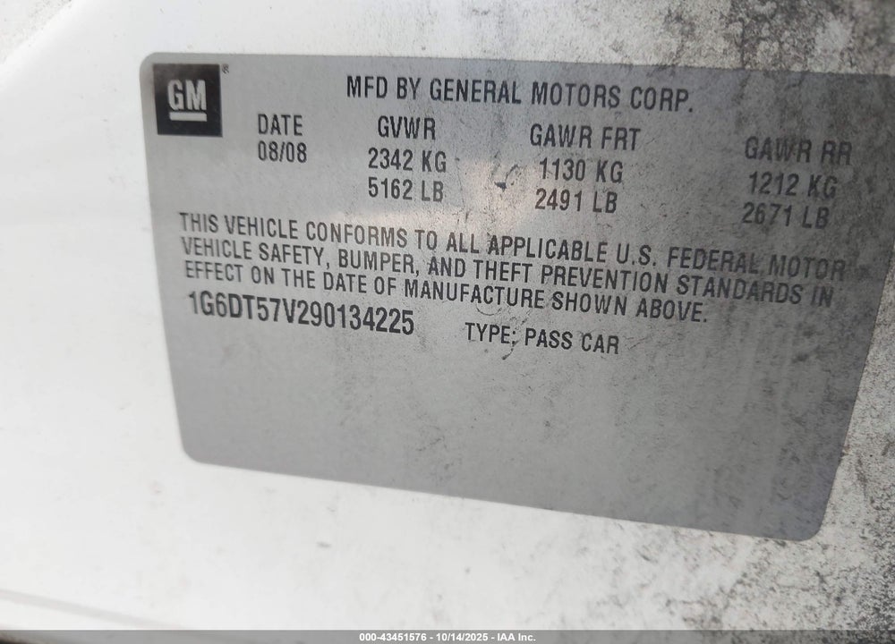 2009 CADILLAC CTS STANDARD VIN: 1G6DT57V290134225