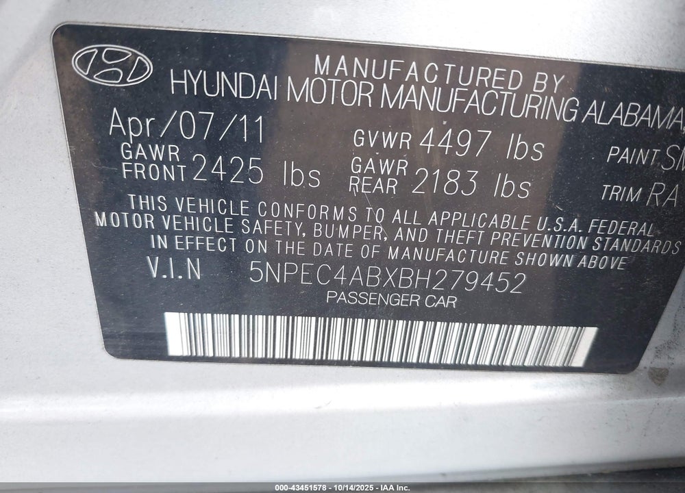 2011 HYUNDAI SONATA VIN: 5NPEC4ABXBH279452