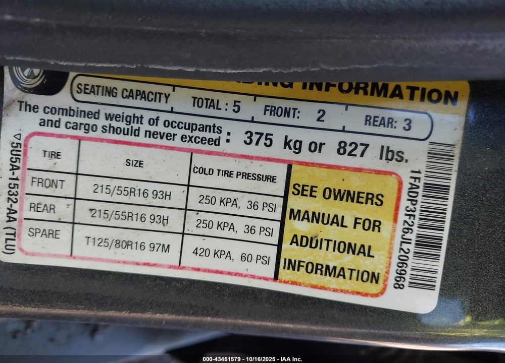 2018 FORD FOCUS SE VIN: 1FADP3F26JL206968