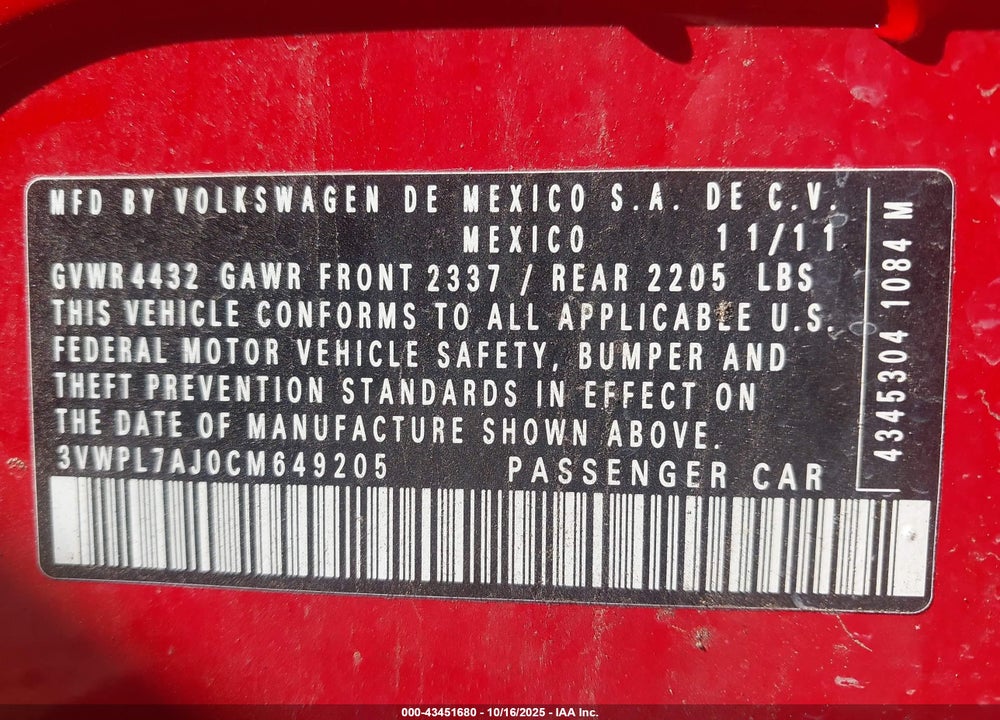2012 VOLKSWAGEN JETTA VIN: 3VWPL7AJ0CM649205
