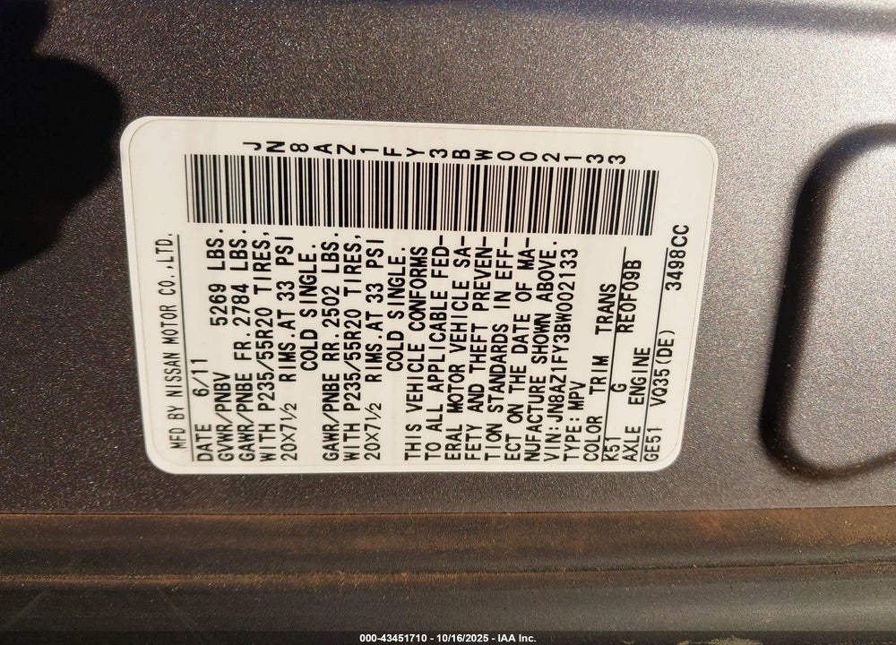 2011 NISSAN MURANO VIN: JN8AZ1FY3BW002133