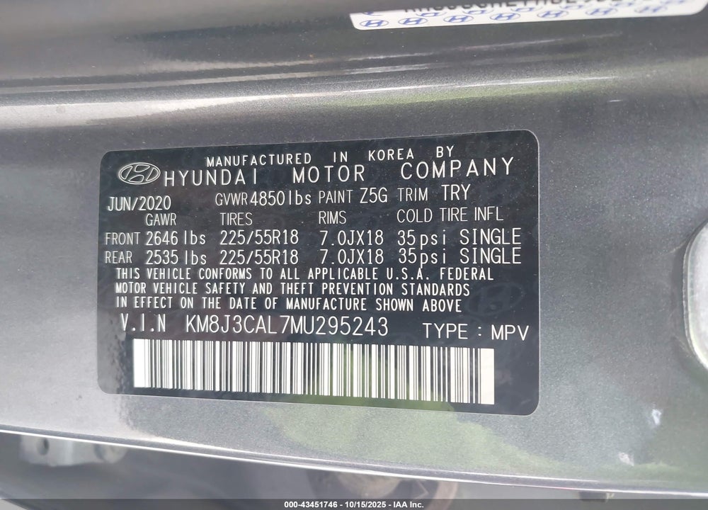 2021 HYUNDAI TUCSON VIN: KM8J3CAL7MU295243