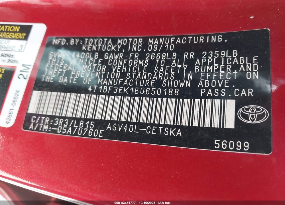 2011 TOYOTA CAMRY SE VIN: 4T1BF3EK1BU650188