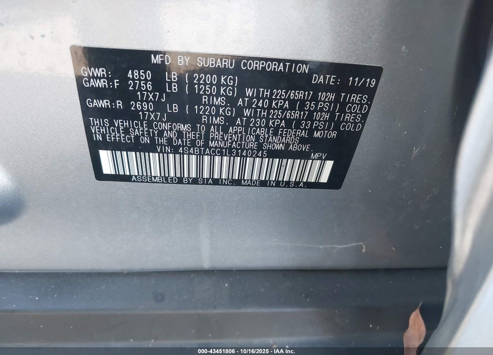 2020 SUBARU OUTBACK PREMIUM VIN: 4S4BTACC1L3140245