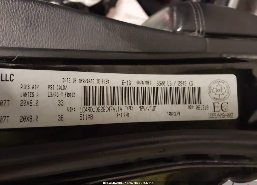 2016 DODGE DURANGO LIMITED VIN: 1C4RDJDG2GC474114