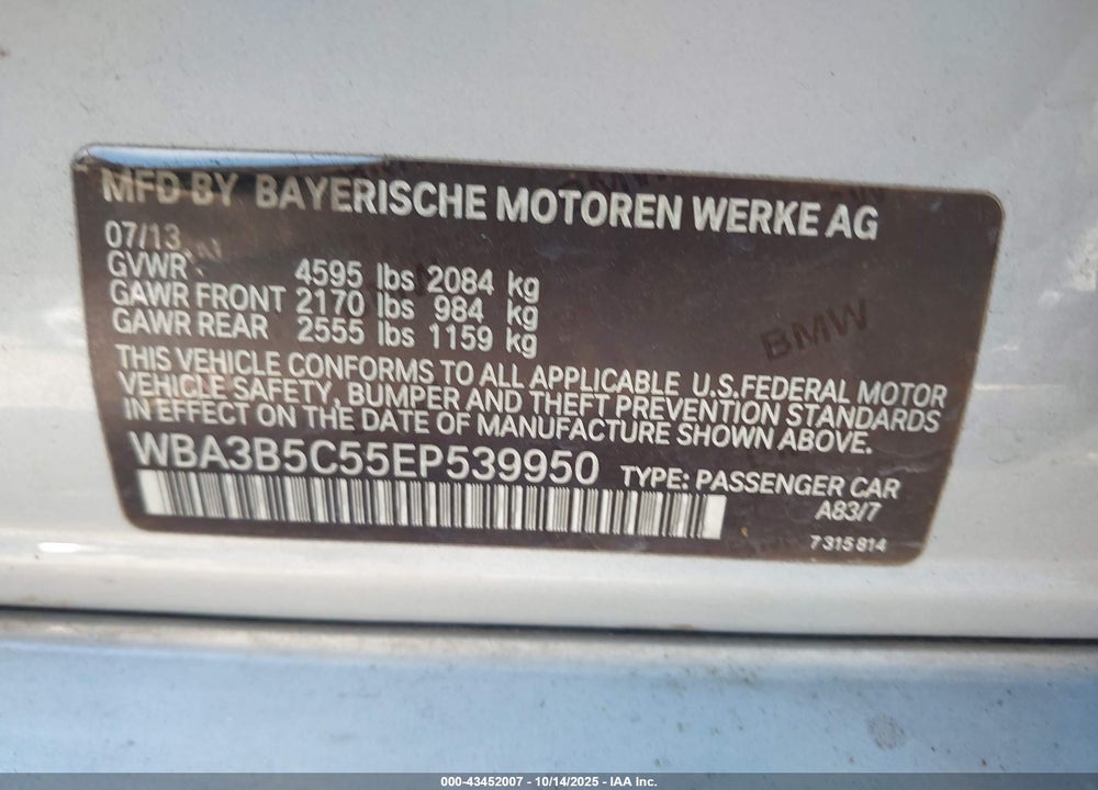 2014 BMW 3 SERIES VIN: WBA3B5C55EP539950