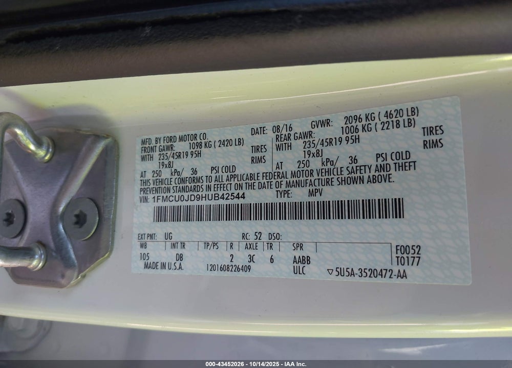 2017 FORD ESCAPE TITANIUM VIN: 1FMCU0JD9HUB42544
