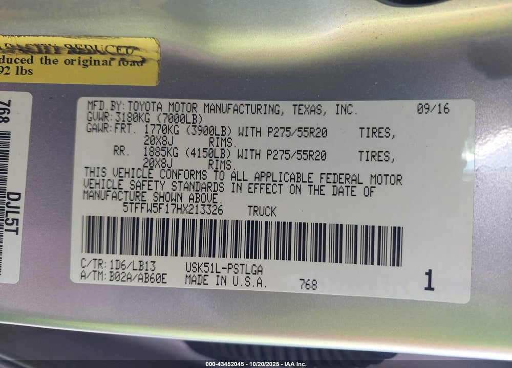 2017 TOYOTA TUNDRA LIMITED 5.7L V8 VIN: 5TFFW5F17HX213326