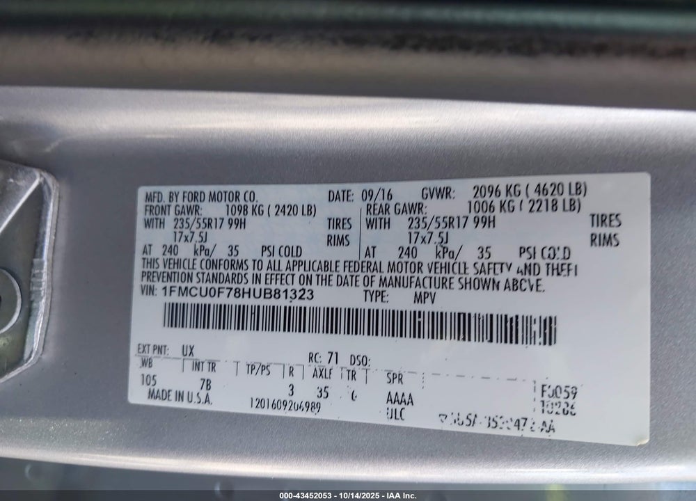 2017 FORD ESCAPE VIN: 1FMCU0F78HUB81323