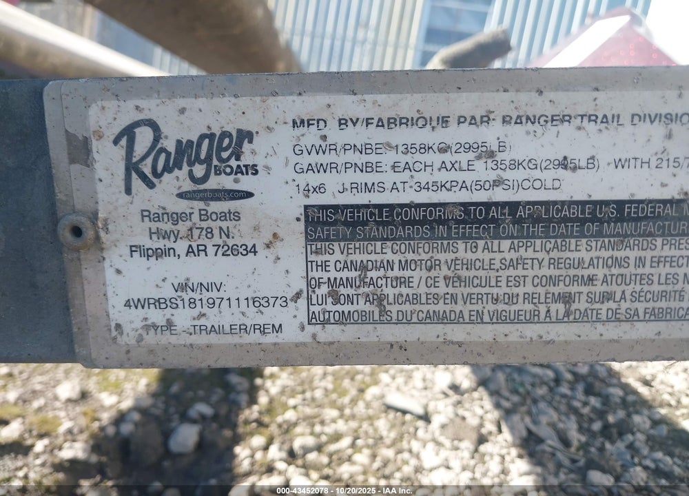 2007 RANGER BOAT TRAILER VIN: 4WRBS181971116373
