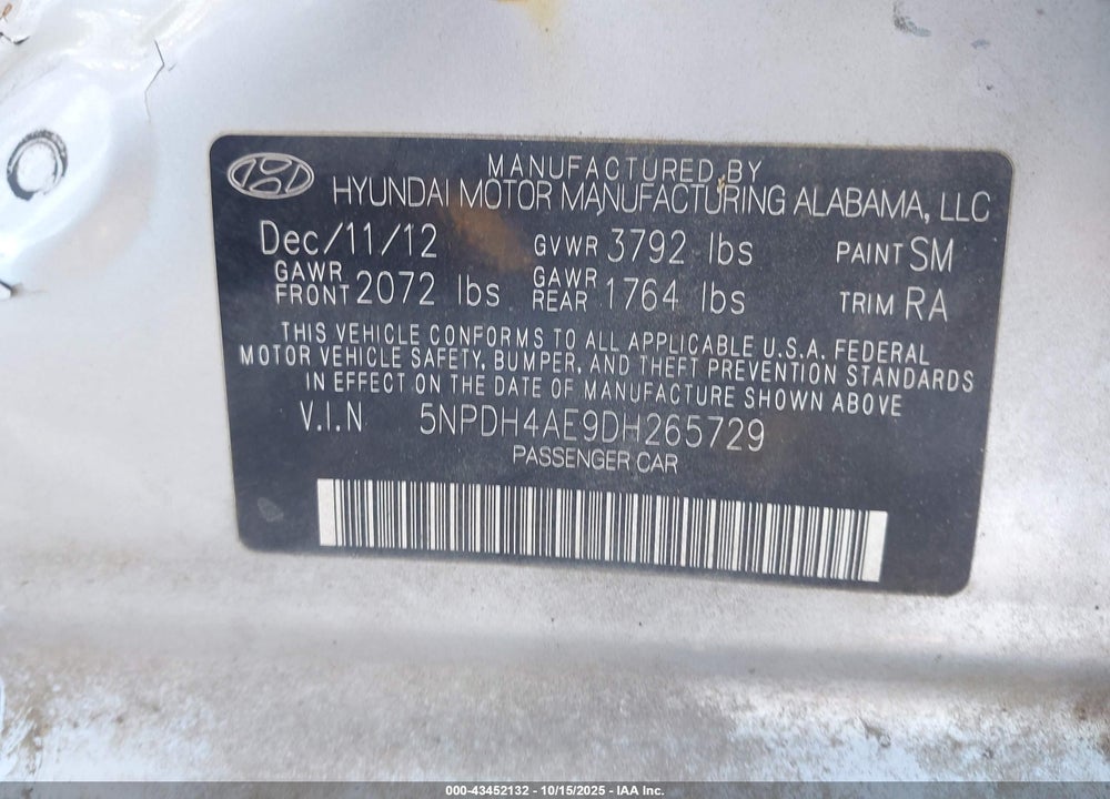 2013 HYUNDAI ELANTRA VIN: 5NPDH4AE9DH265729