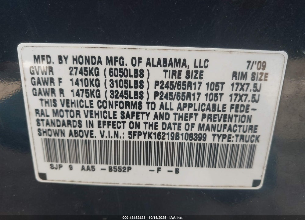 2009 HONDA RIDGELINE RT VIN: 5FPYK16219B108399