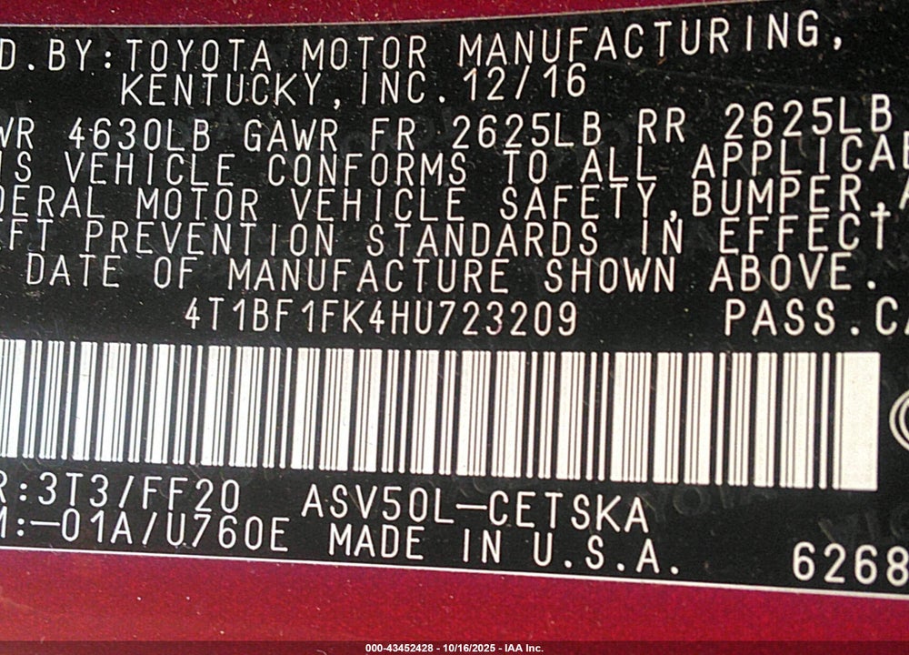 2017 TOYOTA CAMRY VIN: 4T1BF1FK4HU723209