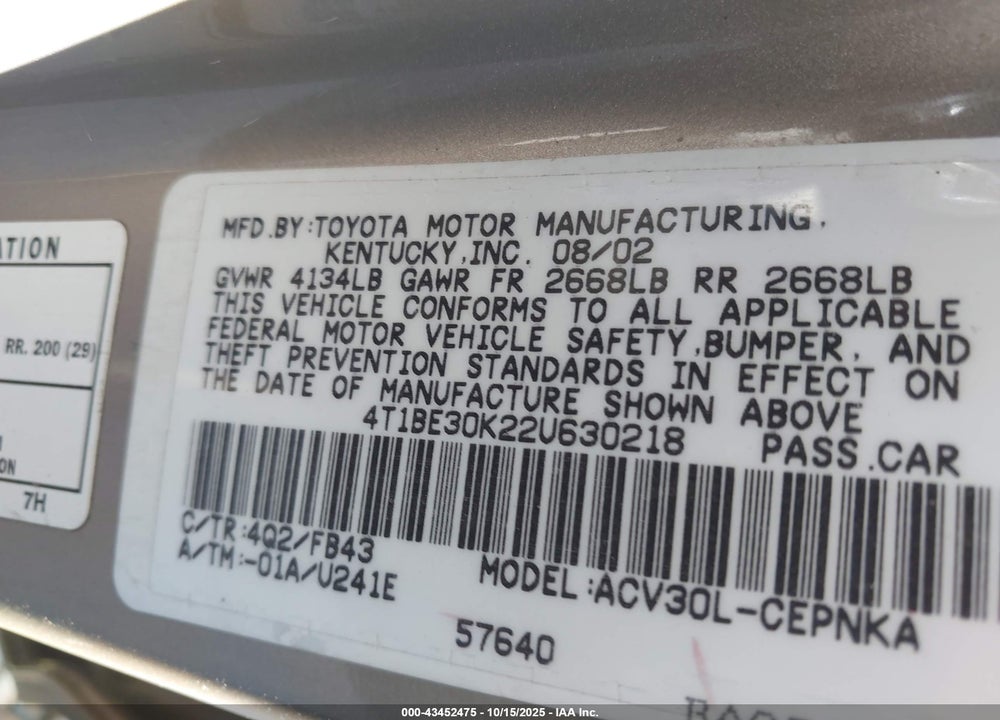 2002 TOYOTA CAMRY LE VIN: 4T1BE30K22U630218