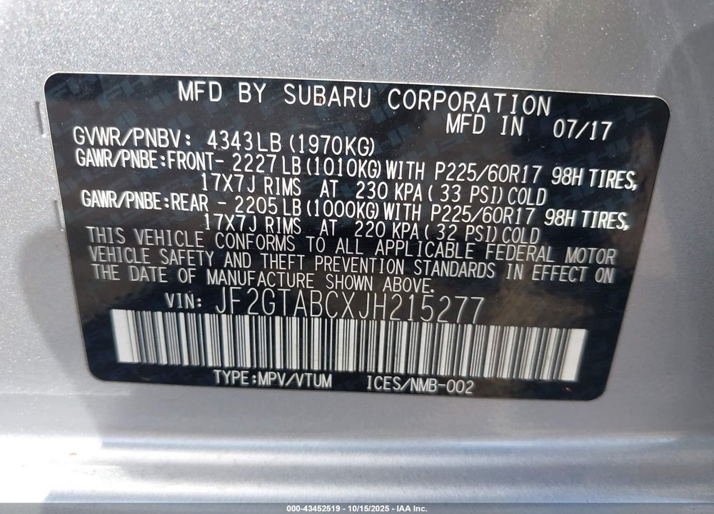 2018 SUBARU CROSSTREK 2.0I PREMIUM VIN: JF2GTABCXJH215277