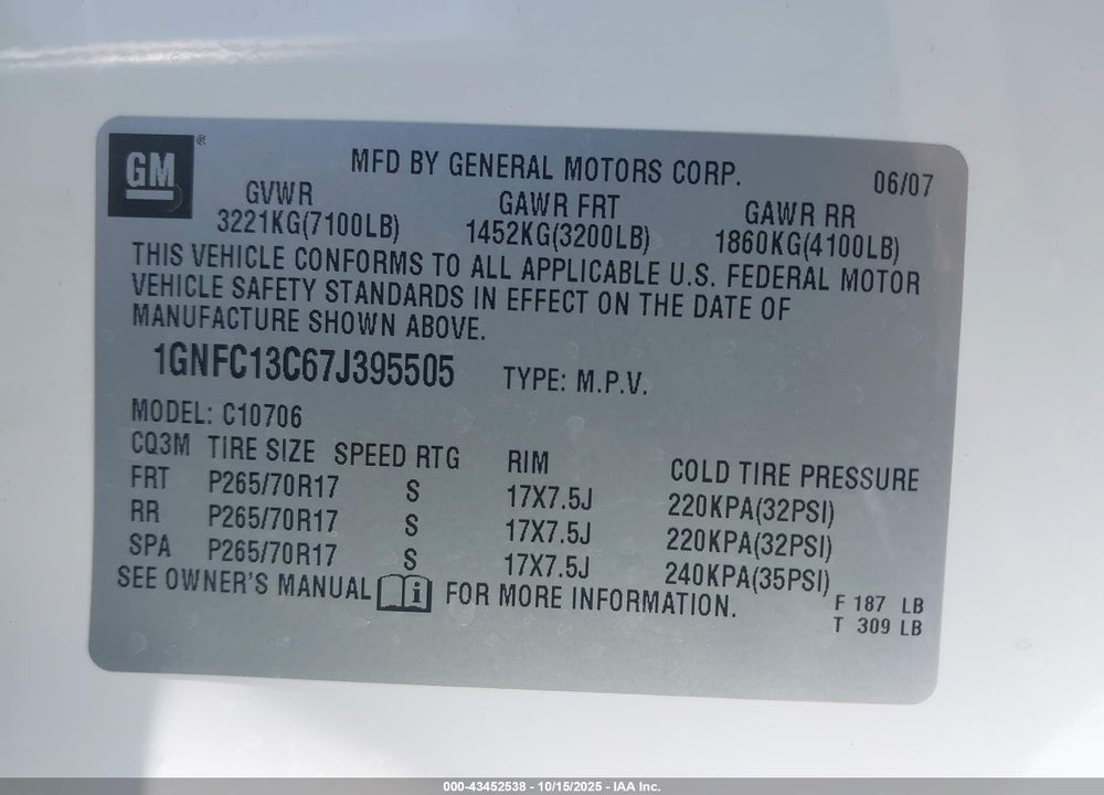 2007 CHEVROLET TAHOE LS VIN: 1GNFC13C67J395505