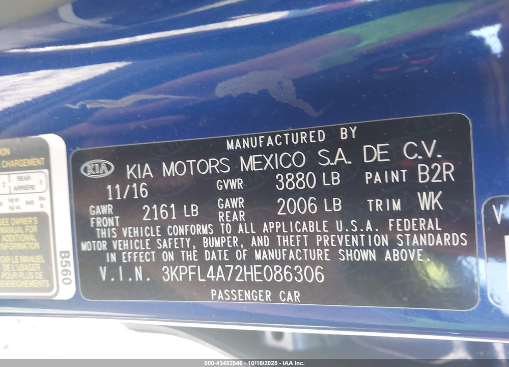2017 KIA FORTE LX VIN: 3KPFL4A72HE086306