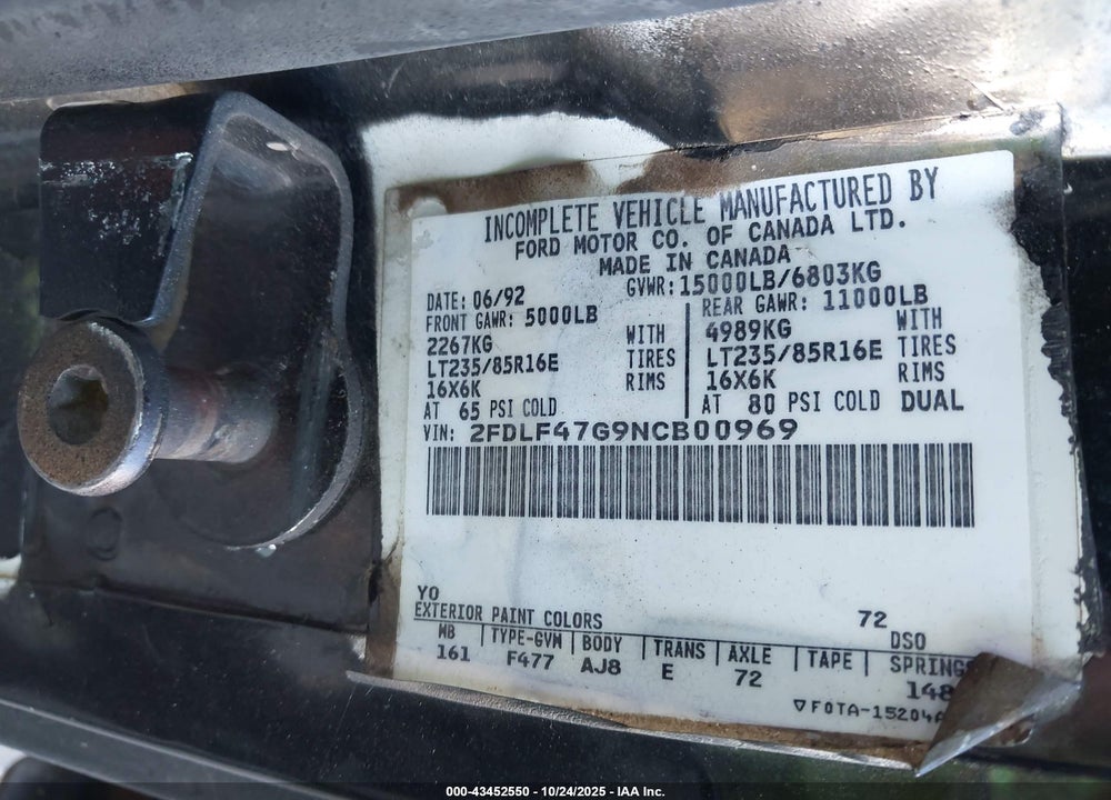 1992 FORD F SUPER DUTY VIN: 2FDLF47G9NCB00969