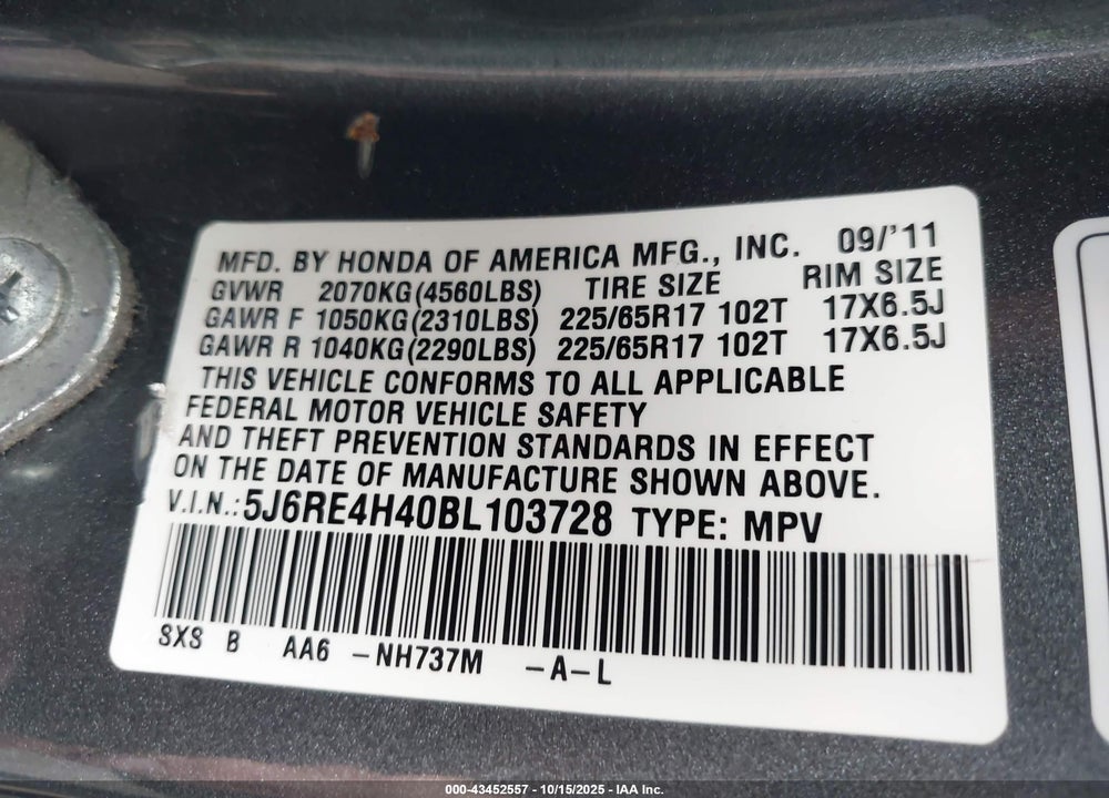 2011 HONDA CR-V SE VIN: 5J6RE4H40BL103728