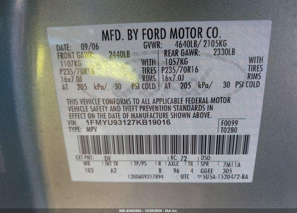 2007 FORD ESCAPE VIN: 1FMYU93127KB19016
