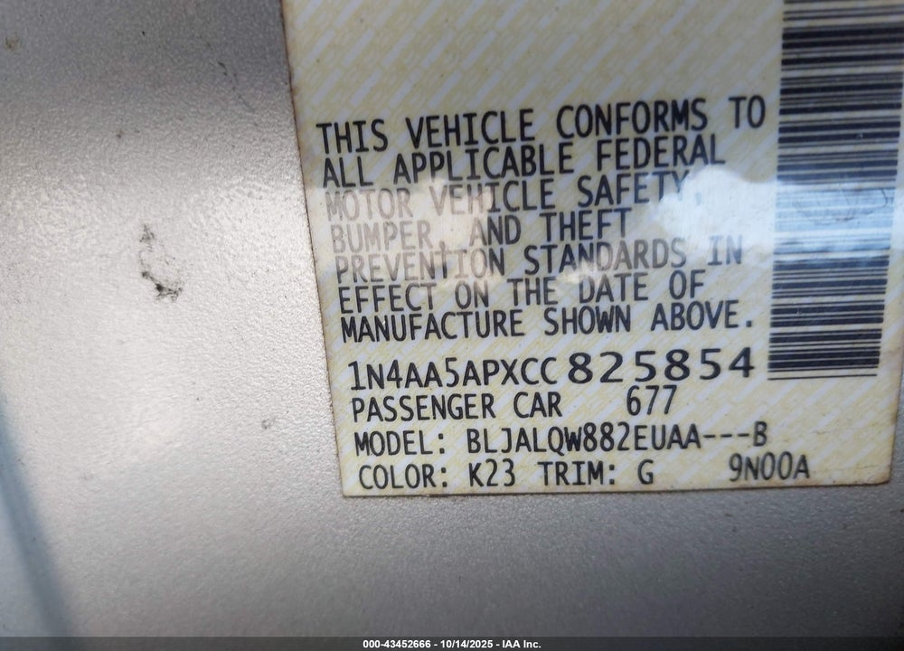 2012 NISSAN MAXIMA 3.5 S VIN: 1N4AA5APXCC825854