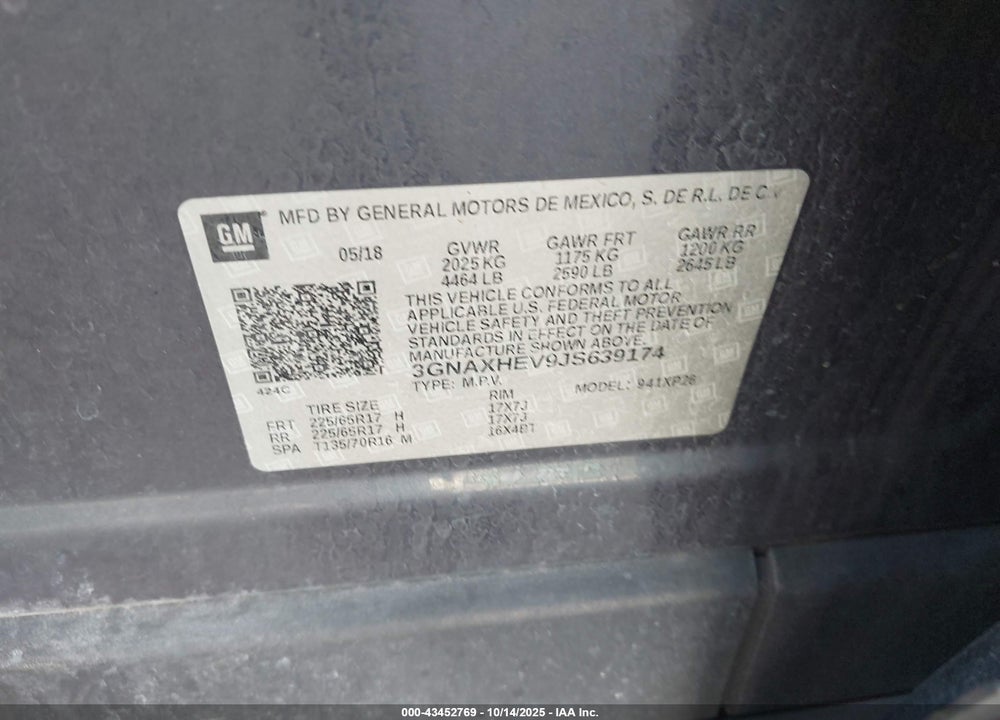 2018 CHEVROLET EQUINOX LS VIN: 3GNAXHEV9JS639174