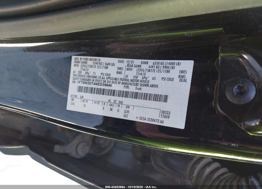 2022 FORD F-350 LARIAT VIN: 1FT8W3DT4NED39846