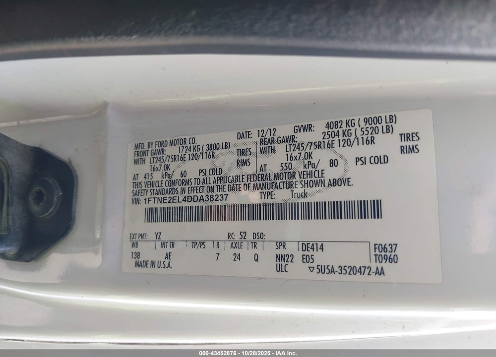 2013 FORD E-250 COMMERCIAL VIN: 1FTNE2EL4DDA38237