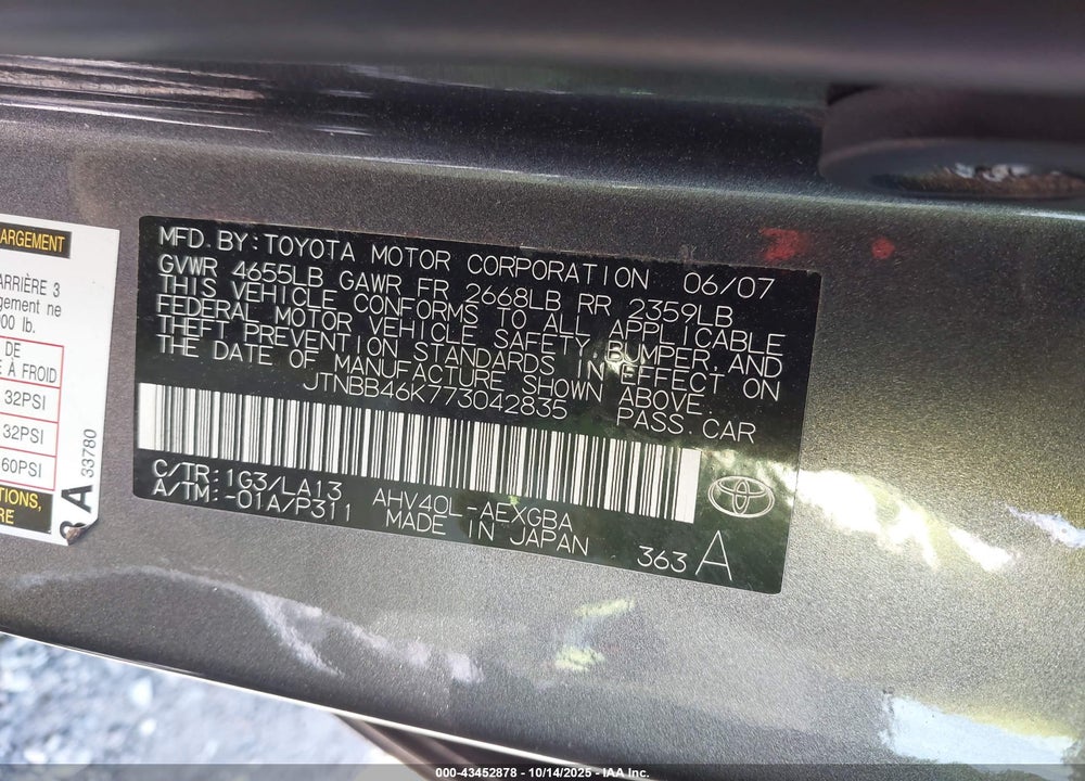 2007 TOYOTA CAMRY HYBRID VIN: JTNBB46K773042835