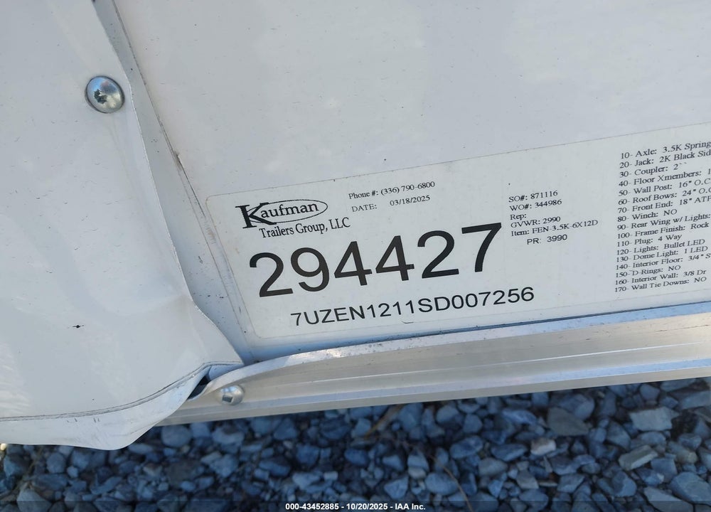2025 KAUFMAN TRAILERS TRAILER VIN: 7UZEN1211SD007256
