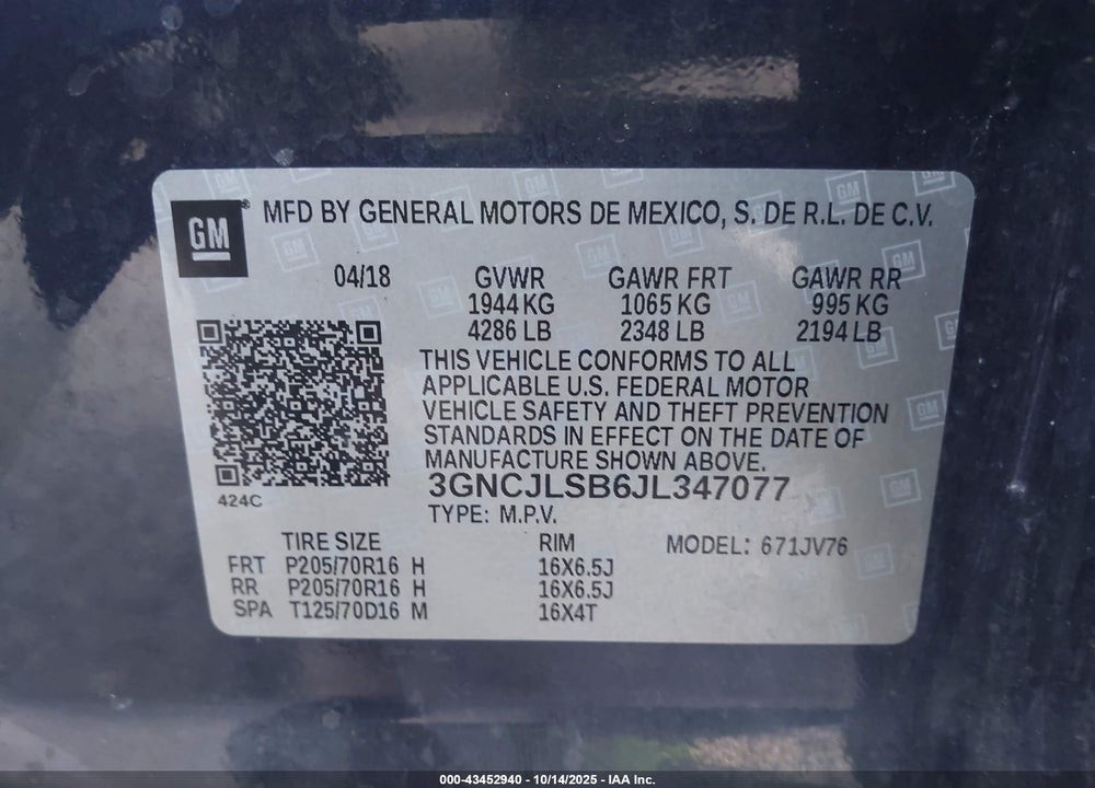 2018 CHEVROLET TRAX LT VIN: 3GNCJLSB6JL347077